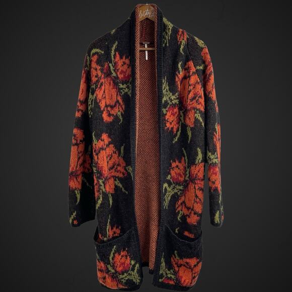 Free People Flower Power Sweater Longline Cardigan Knitted Roses Black Red Small - Picture 1 of 8